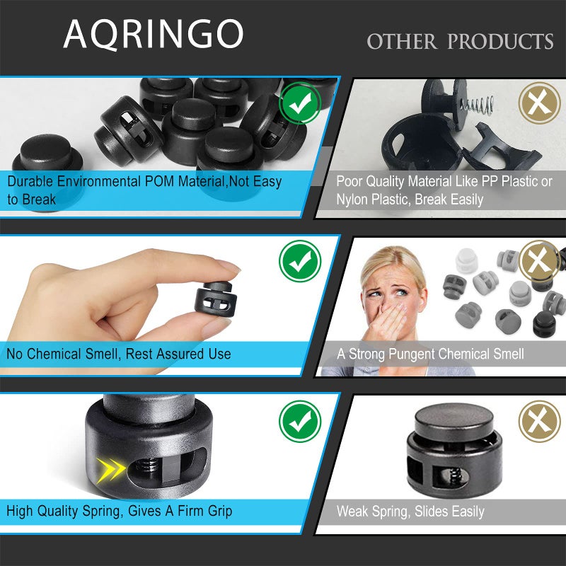 AQRINGO 100 Pcs Plastic Cord Locks Double Hole Spring Toggle Stopper Cord Stops Fastener Toggles for Shoelaces  Drawstrings  Paracord  Bags  Clothing  and More  Black - Image 2